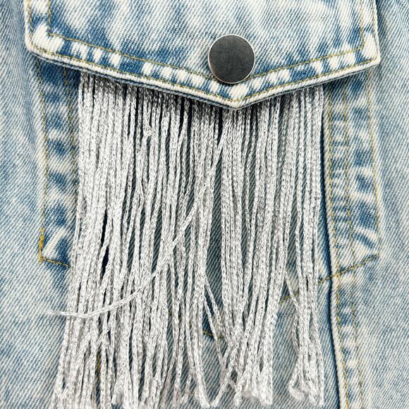 Womens Western Cowgirl Fringe Pocket Button Up Cropped Denim Vest‎ Jacket Large - Picture 4 of 6